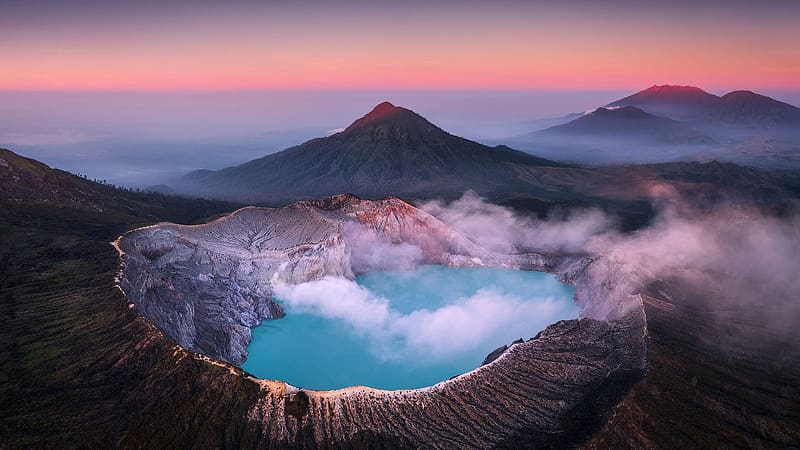 Ijen Crater Lake, Java, Indonesia, clouds, mountains, rocks, sunrise, morning, HD wallpaper