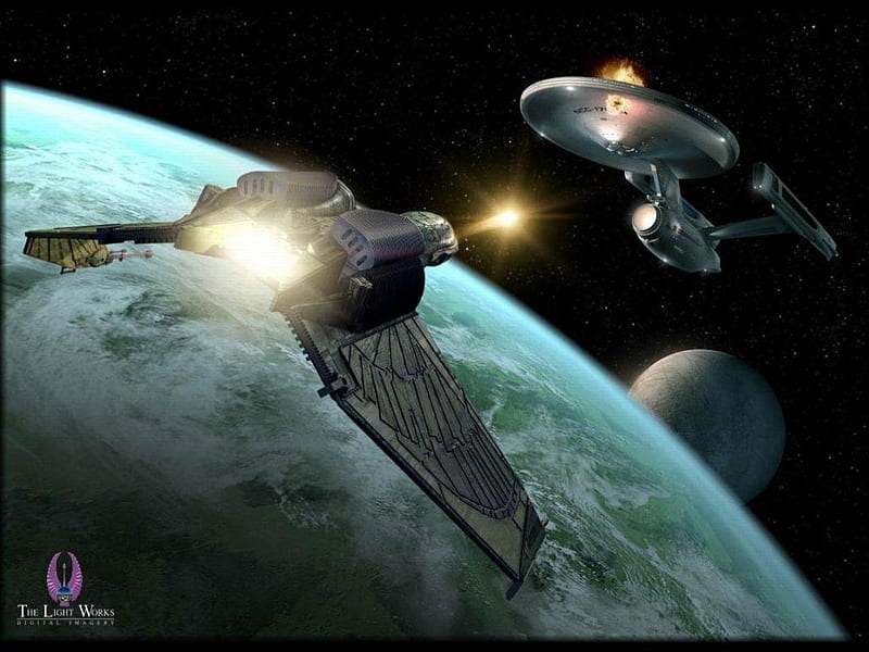 klingon attack, stars, moon, firing, planet, starships, explosion, HD wallpaper