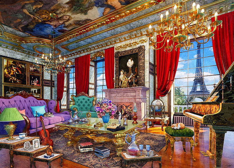 Paris Palace, violin, window, decoration, eiffel tower, room, sofa, piano, table, artwork, digital, HD wallpaper