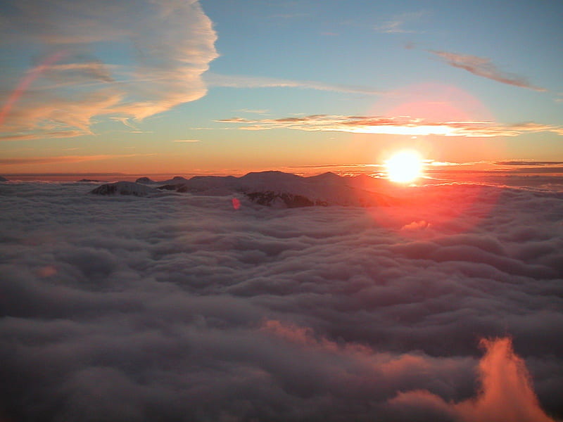 Above the clouds, up, sun, high, mountains, clouds, HD wallpaper