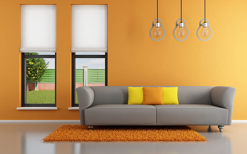 modern design hallway, orange room, bulb lamps, gray sofa, modern apartment, interior idea, HD wallpaper