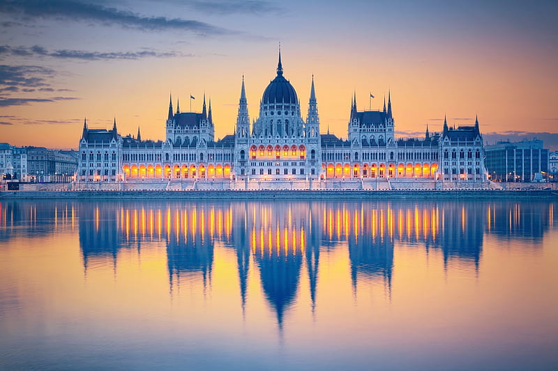 Hungary Budapest Parliament, budapest, hungary, water, orange, parliament, reflection, blue, HD wallpaper