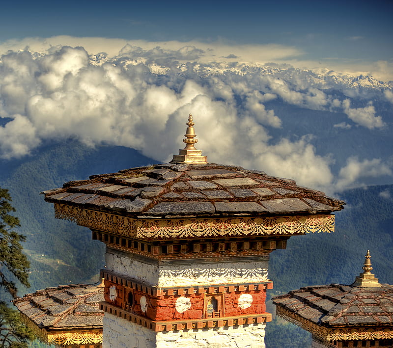 Bhutan, amazing, clouds, spirituality, temple, wow, HD wallpaper