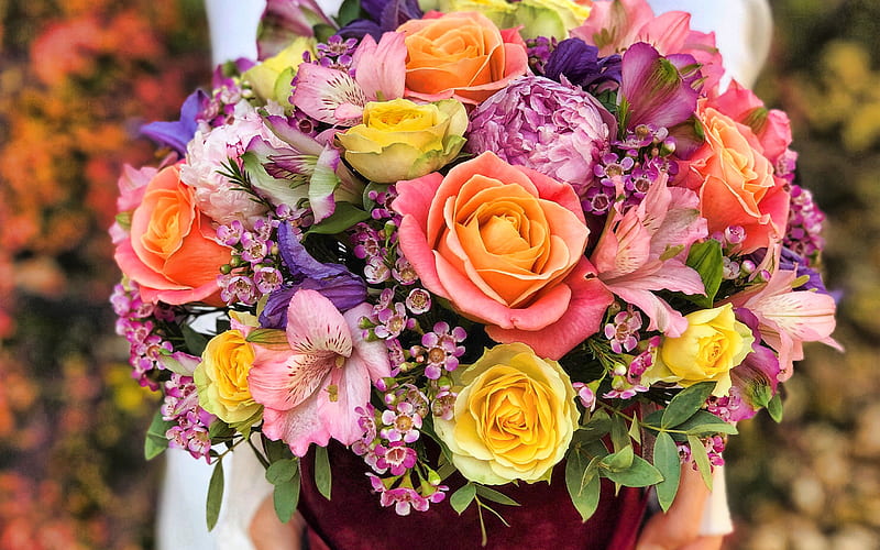 beautiful bouquet, different flowers bouquet, roses, yellow roses, wedding bouquet, HD wallpaper