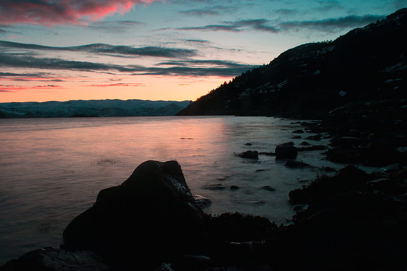 lake, shore, mountains, sunset, dusk, landscape, HD wallpaper