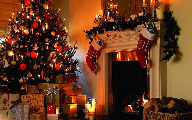 - Decorative Christmas Fireplace- Decorating Fireplace mantel, HD wallpaper