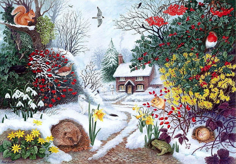 Winter Hedgerow, house, hedgehog, snow, painting, flowers, garden, artwork, HD wallpaper