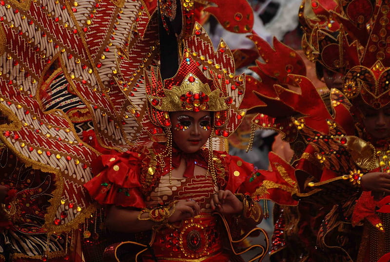 Solo Batik Carnival, red, costumes, Java, Solo, batik, carnival, graphy, parade, Indonesia, HD wallpaper