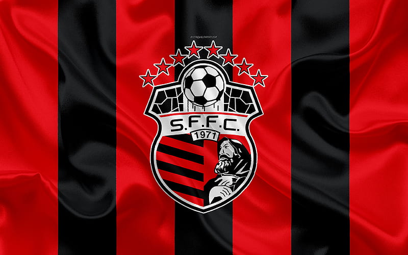San Francisco FC logo, silk texture, Panama football club, red black flag, emblem, Panamanian Football League, LPF, La Chorrera, Panama, football, HD wallpaper