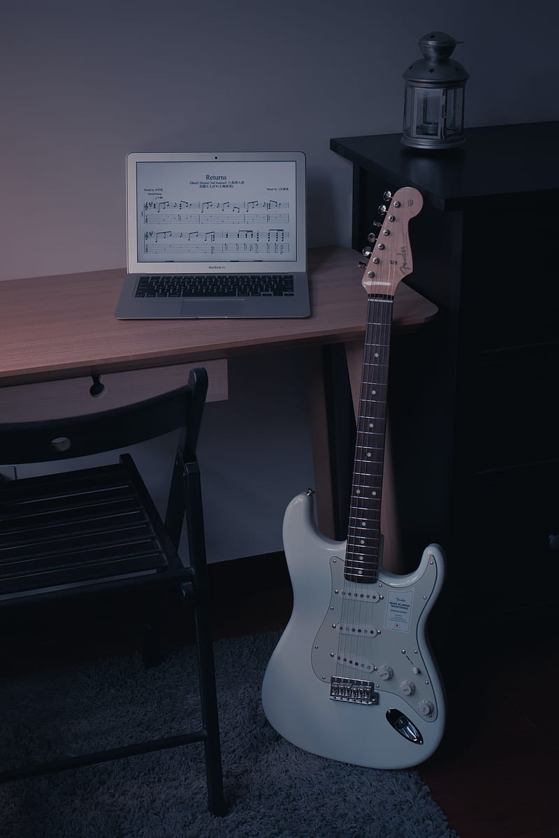 electric guitar, guitar, musical instrument, laptop, music, HD phone wallpaper