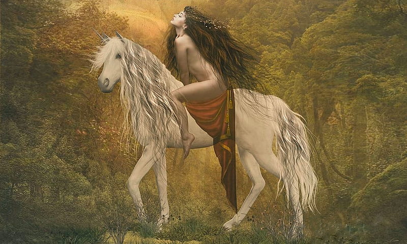 Lady Godiva, sensual, lovely, browns, Fantasy girl, Fantasy, horse, lady, softness, HD wallpaper