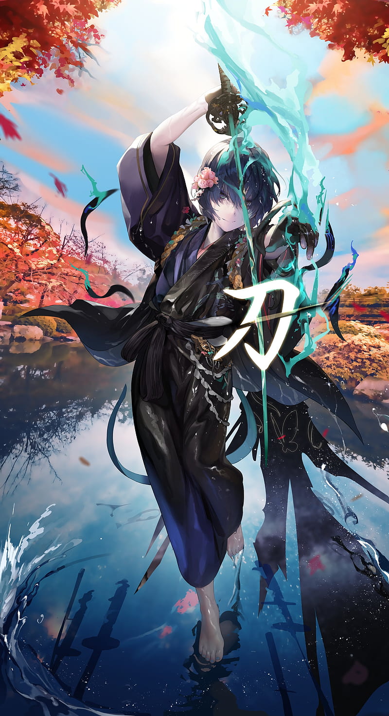 Anime boy, japanes outfit, sword, water, reflection, autumn, Anime, HD ...