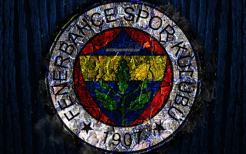 Fenerbahce FC, scorched logo, Super Lig, blue wooden background, turkish football club, grunge, Fenerbahce SK, football, soccer, Fenerbahce logo, fire texture, Turkey, HD wallpaper