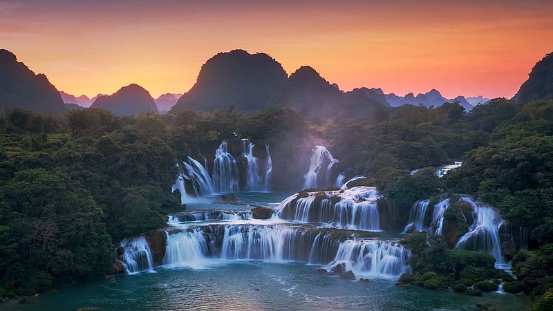 Ban Gioc Waterfall, Vietnam, river, trees, cascades, mountains, rocks, pond, sunset, HD wallpaper