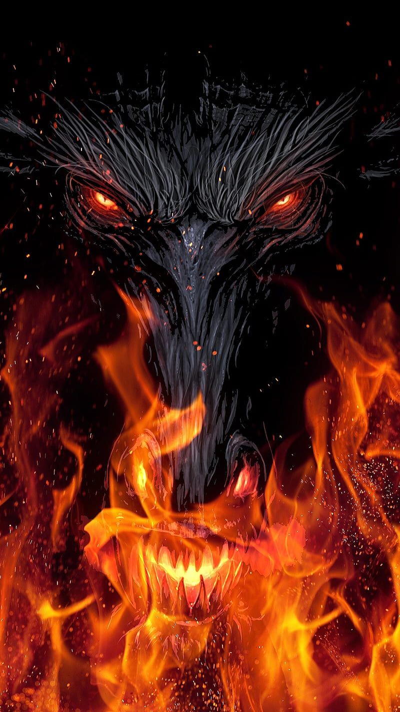 Monster, animal, bonfire, burn, eyes, face, fire, flames, scary, HD phone wallpaper