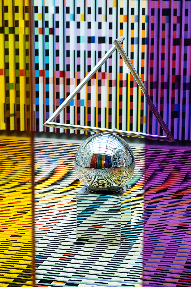 ball, triangle, cube, metal, installation, HD phone wallpaper