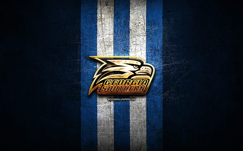 Georgia Southern Eagles, golden logo, NCAA, blue metal background, american football club, Georgia Southern Eagles logo, american football, USA, HD wallpaper