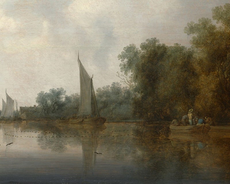 Willem Van De Velde - A River With Fishermen Drawing a Net, painting, seventeenth century, dutch, landscape, HD wallpaper