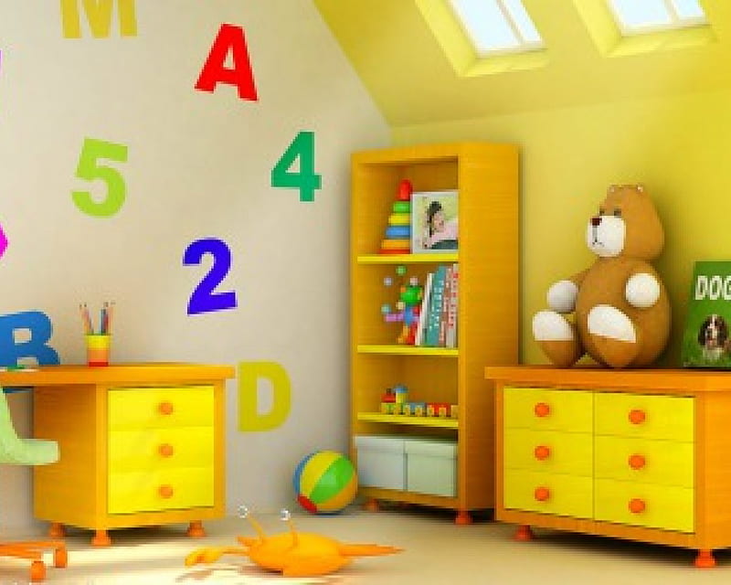Interior design, cabinet, numbers, room, teddy bear, HD wallpaper