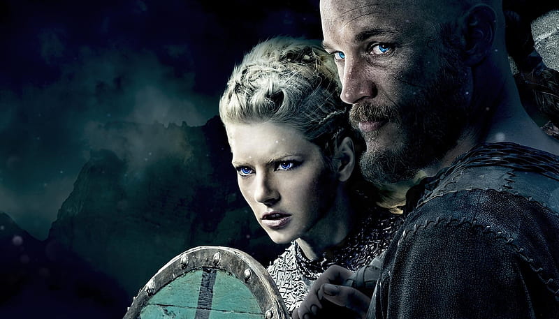 Vikings (TV Series 2013– ), vikings, tv series, man, woman, actor, poster, shield, lagertha, Katheryn Winnick, ragnar, actress, Travis Fimmel, HD wallpaper