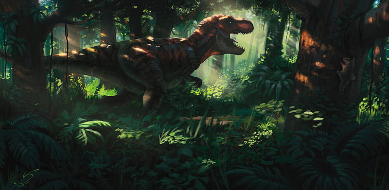 dinosaur, tyrannosaurus, jungle, artwork, forest, sunrays, Fantasy, HD wallpaper
