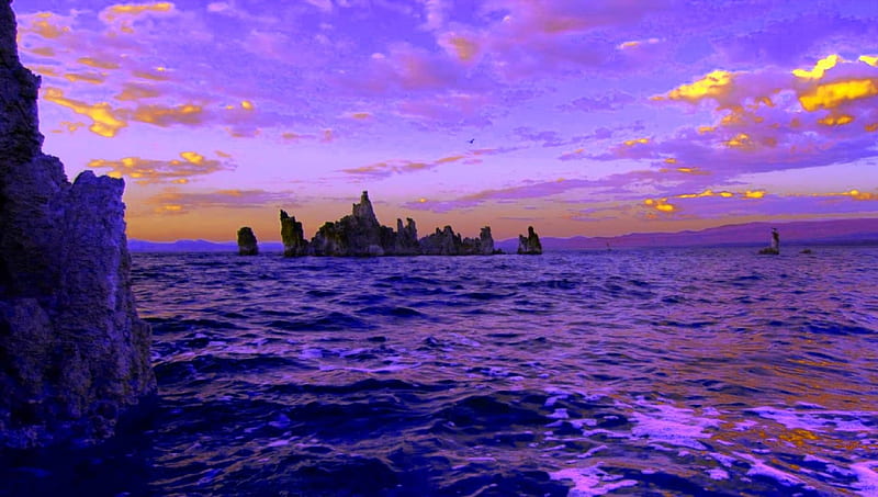 PURPLE SUNSET, purple, rock, ocean, nature, sunset, clouds, HD wallpaper