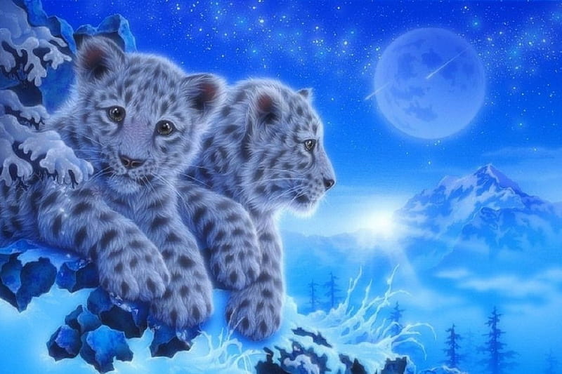 Snow Leopards, moons, holidays, leopards, love four seasons, xmas and new year, winter, paintings, snow, big wild cat, animals, HD wallpaper