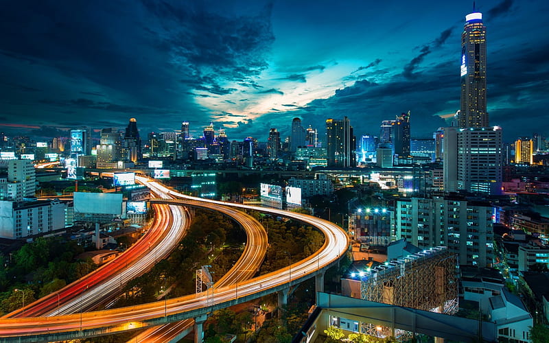 Nights Of Bangkok, city lights, Thailand, buildings, clouds, skyscrapers, skies, highways, parks, night, HD wallpaper