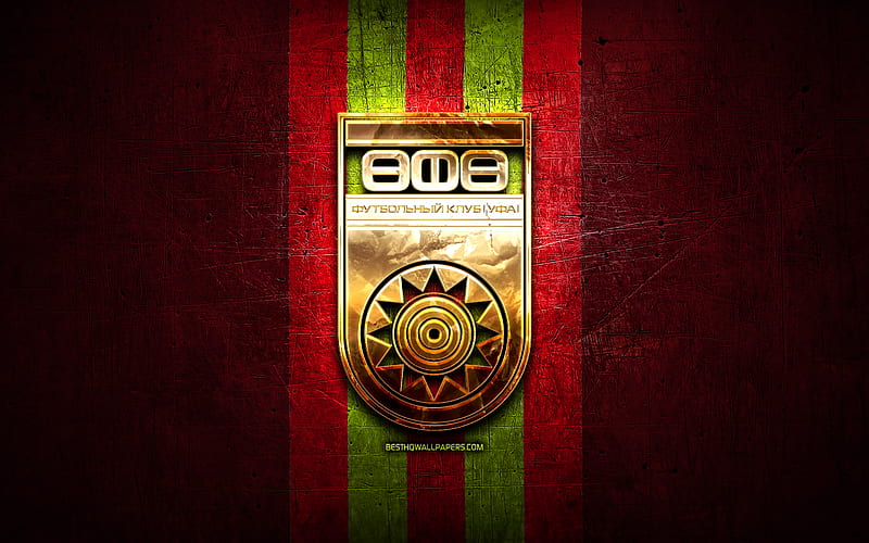 Ufa FC, golden logo, Russian Premier League, red metal background, football, FC Ufa, russian football club, Ufa logo, soccer, Russia, HD wallpaper