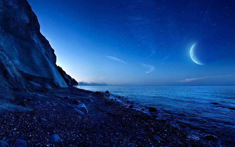 Morning light, moon, sea, beach, moon, vara, water, planet, summer, morning, white, light, blue, night, HD wallpaper