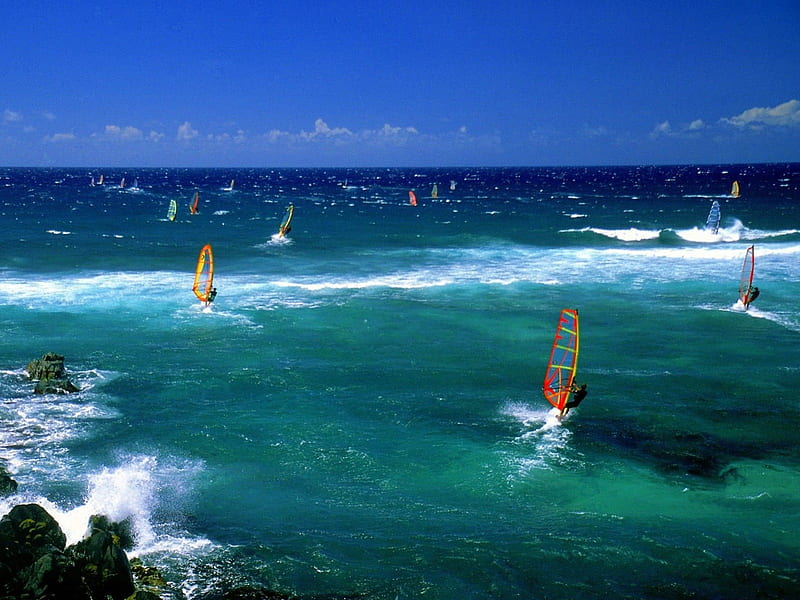 Windsurfing, oceans, water sports, waves, HD wallpaper