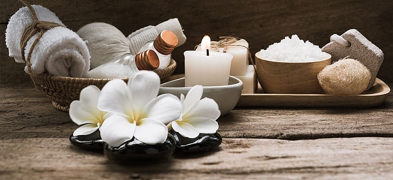 White flowers with candles, Flowers, Spa oil, Candles, Salt, HD wallpaper