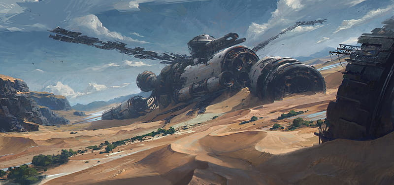 spaceship wreck, planet surface, desert, clouds, painting, Sci-fi, HD wallpaper