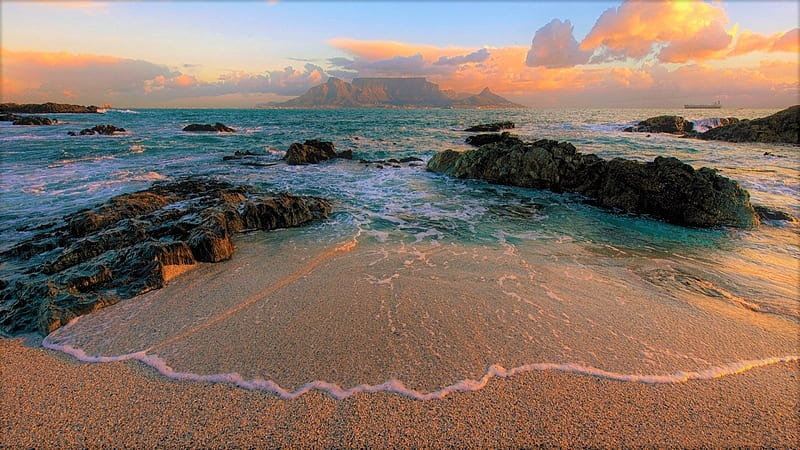Sunset over Rocky Sandy Beach, Sand, Sky, Oceans, Sunsets, Nature, Sea, Beaches, Clouds, Rocks, HD wallpaper