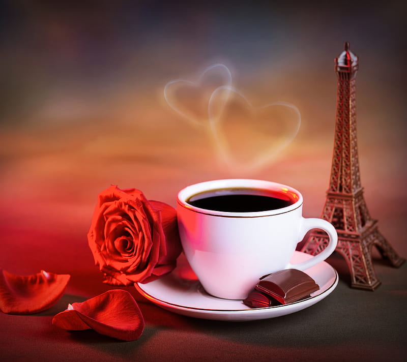 Coffee With, eiffel tower, heart, love, paris, rose, HD wallpaper
