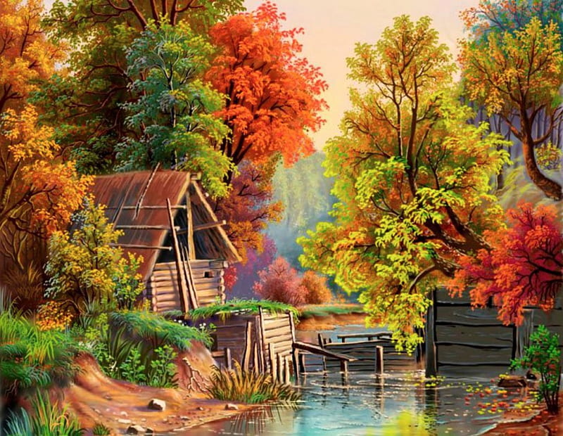 At the River, autumn, hut, colors, trees, artwork, HD wallpaper | Peakpx