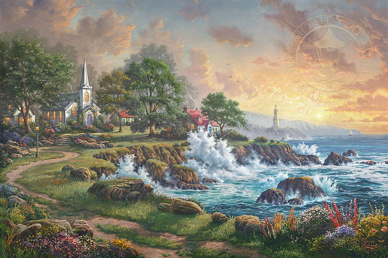 Sunset, house, water, shore, cottage, thomas kinkade, sea, lighthouse, art, painting, pictura, HD wallpaper