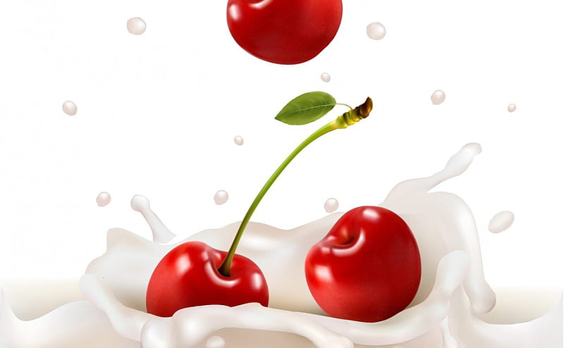 Cherries, red, food, sweet, dessert, fruit, green, milk, white, cherry, HD wallpaper