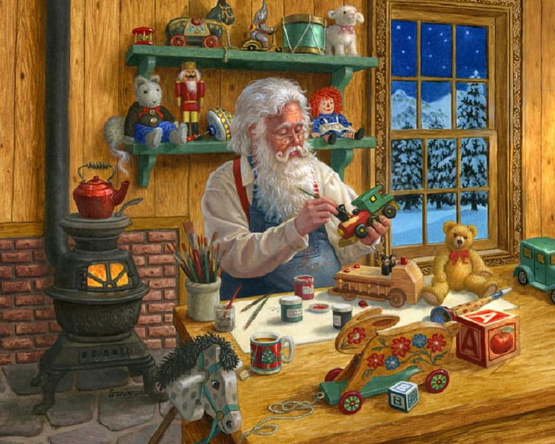 Santa In The Workshop, santa, window, christmas, paint, toys, HD wallpaper