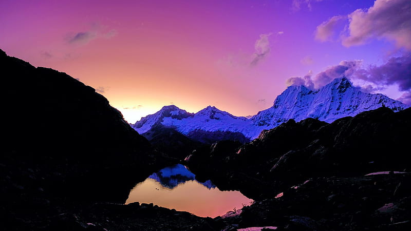 Mt. Chacraraju, Cordillera Blanca, Peru, sunset, reflections, lake, colors, sky, water, HD wallpaper