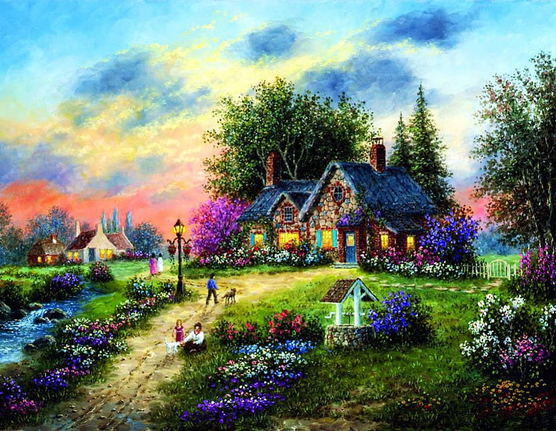 Stoney Brook Cottage, flowers, blossoms, path, garden, trees, clouds, artwork, landscape, HD wallpaper