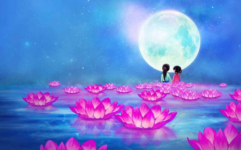 A moment of serenity, art, lotus, manga, lake, moon, water, girl, serenity, anime, flower, pink, couple, blue, HD wallpaper