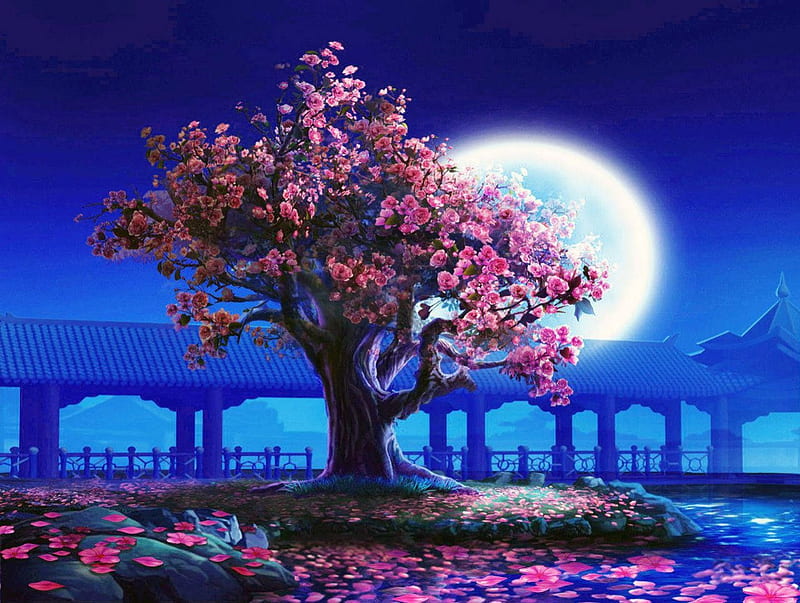 The Perfect Tree, moon, pier, blossoms, roses, night, HD wallpaper