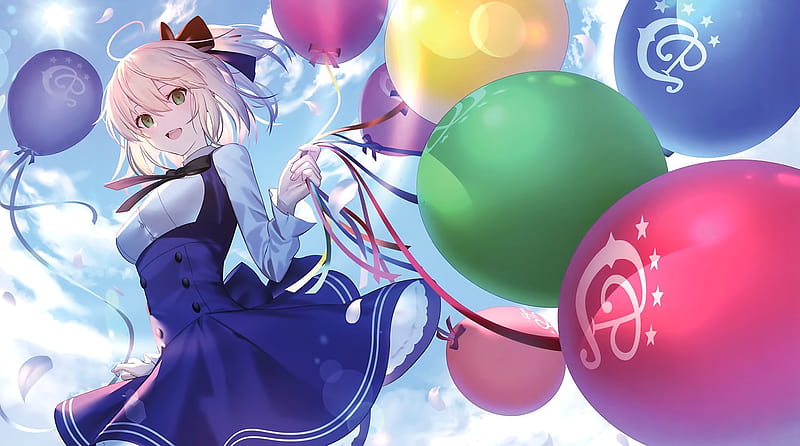 okita souji, fate grand order, balloons, sunlight, clouds, smiling, green eyes, Anime, HD wallpaper