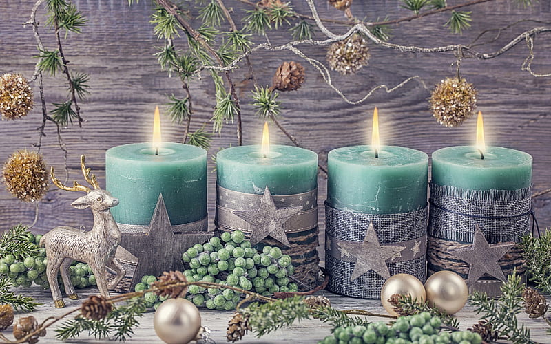 Merry Christmas, 2018, New Year, green candles, decoration, deer, Christmas, Xmas, HD wallpaper