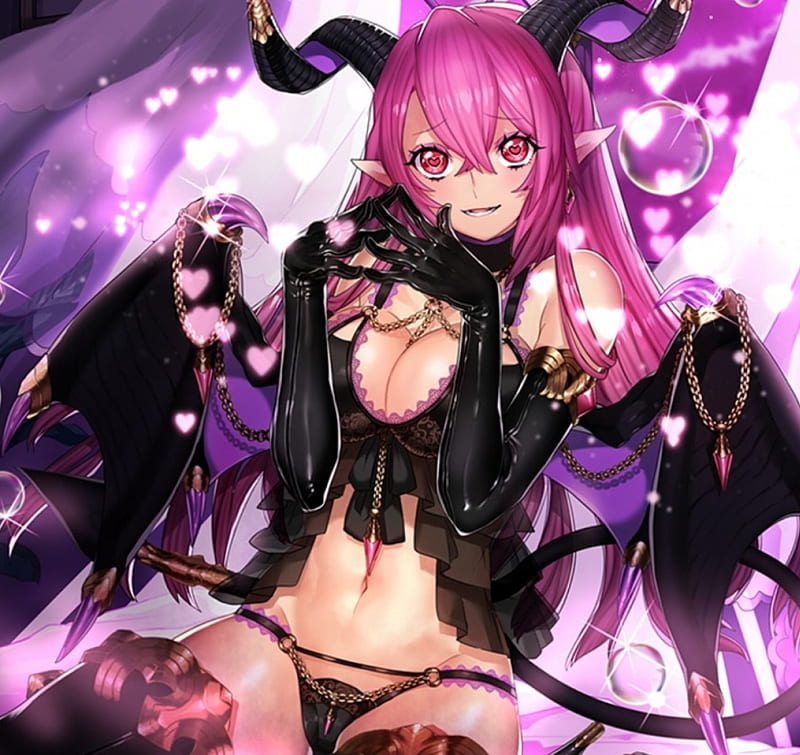 Pink Succubus, pretty, bonito, woman, horns, sweet, succubus, gloves, anime, beauty, anime girl, long hair, pink, female, wings, lovely, black, smile, corazones, bikini, cute, girl, purple, lady, pink hair, HD wallpaper