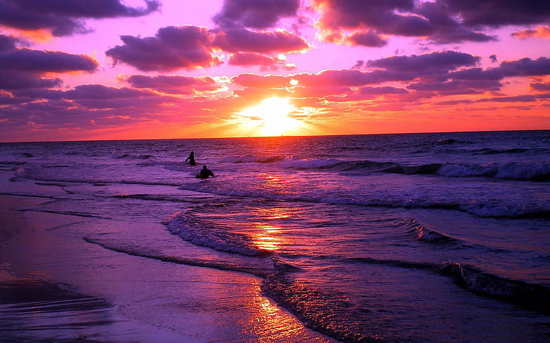 red sunset-beach scenery, HD wallpaper
