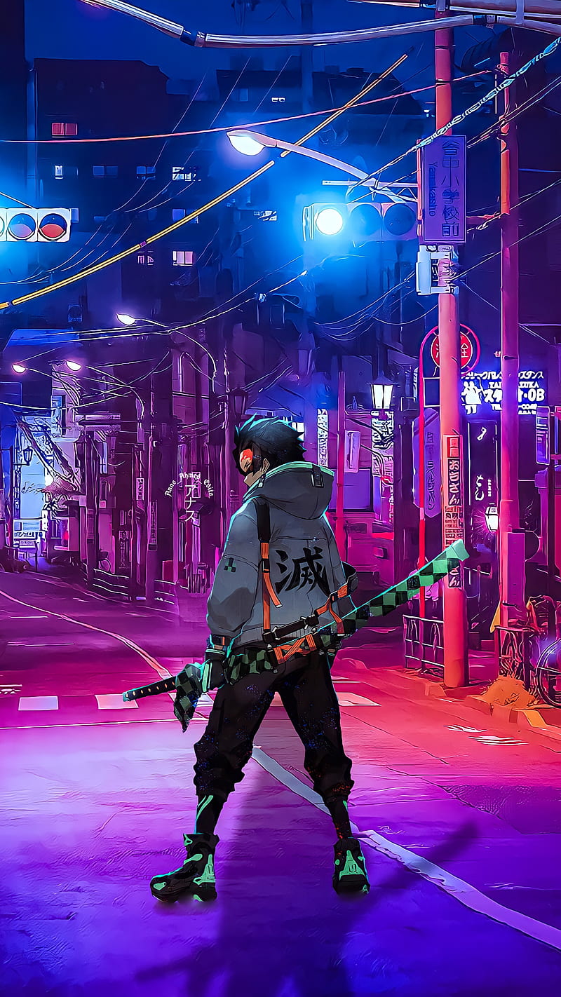 Tanjiro with Green Neon Anime Wallpaper - Demon Slayer Wallpaper