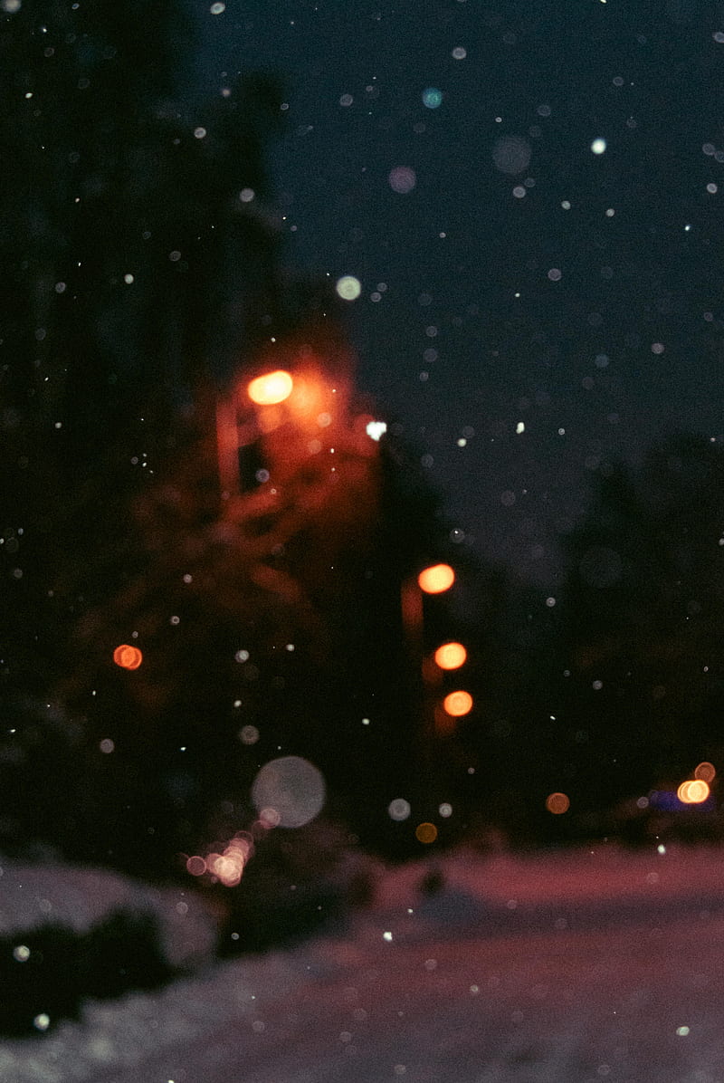night, snow, glare, blur, bokeh, HD phone wallpaper