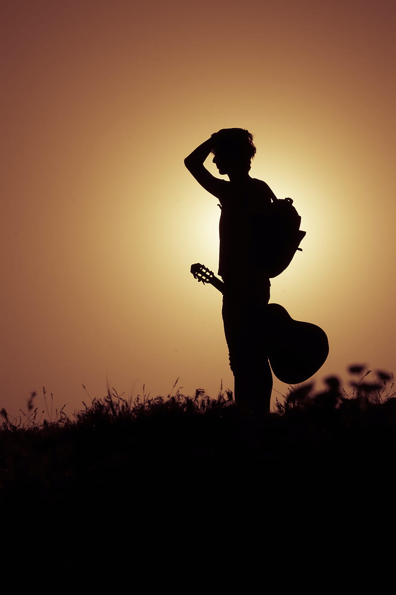 musician, silhouette, guitar, musical instrument, sunset, HD phone wallpaper